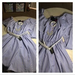 Asymmetrical blue and white stripe dress,